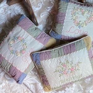 Set of 3 Primitive Quilted Embroidered pillows 9” x 8” GRACE LOVE BLESSINGS